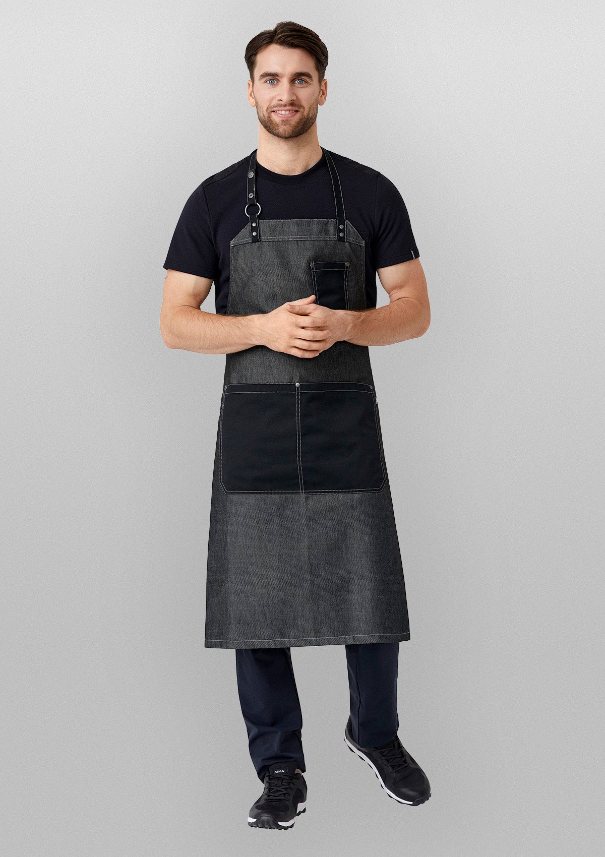 Grembiule a Pettorina Raw con Tasche Frontali, Anello in Metallo e Rivetti Unisex