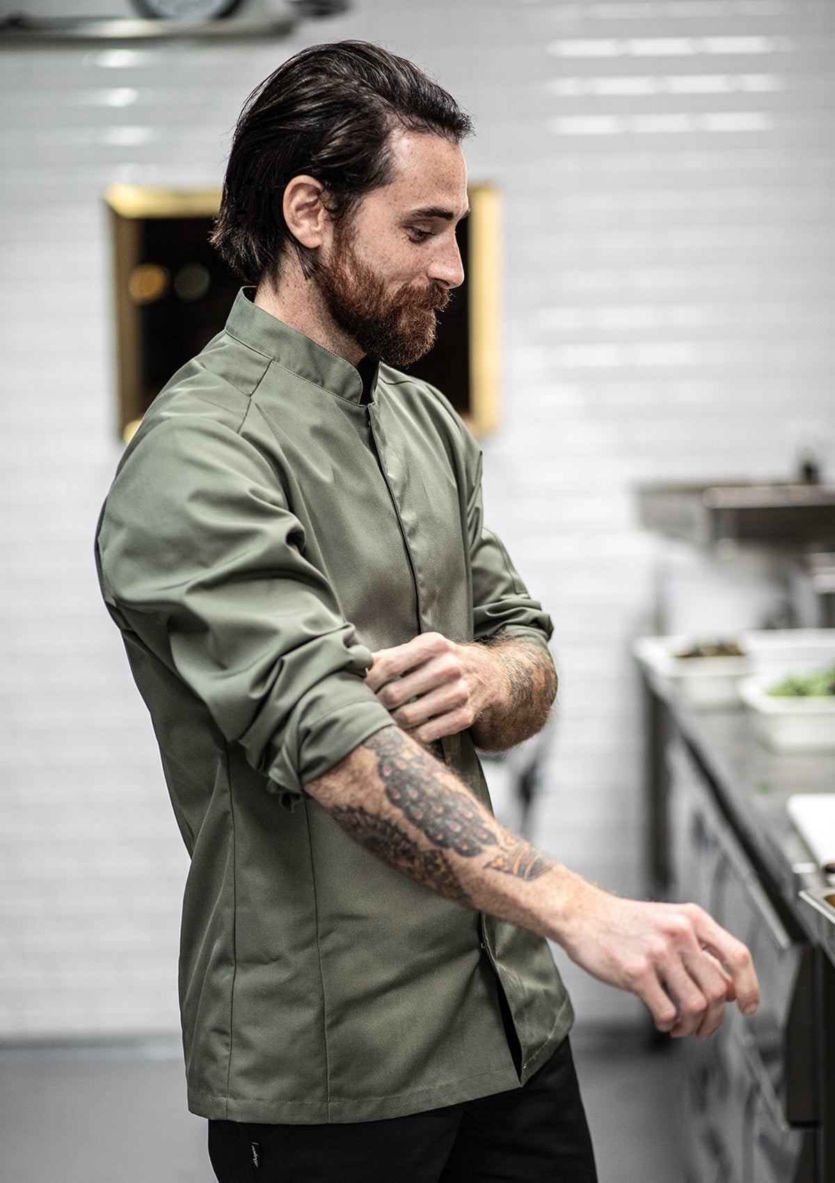 Camicia da Chef Slim-Fit Uomo Maniche Lunghe con Taschino Portapenne